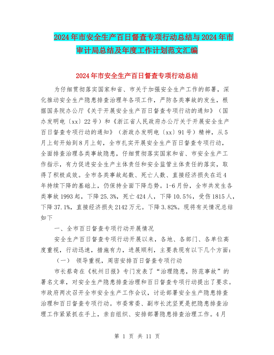 2024年市安全生产百日督查专项行动总结与2024年市审计局总结及年度工作计划范文汇编_第1页