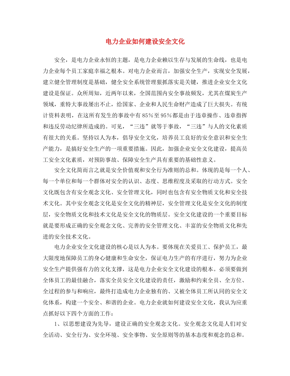 《安全文化》之电力企业如何建设安全文化 _第1页