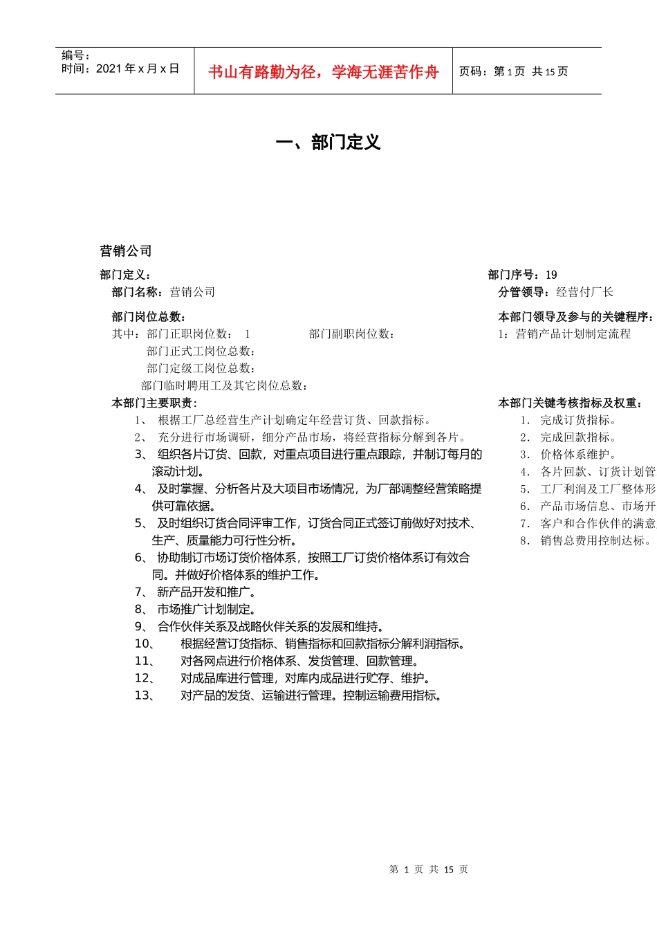 部门岗位及职责岗位职务描述_第1页
