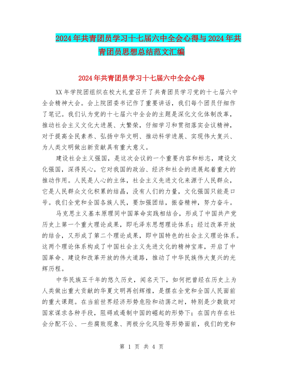 2024年共青团员学习十七届六中全会心得与2024年共青团员思想总结范文汇编_第1页