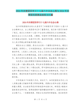 2024年共青团员学习十七届六中全会心得与2024年共青团员思想总结范文汇编