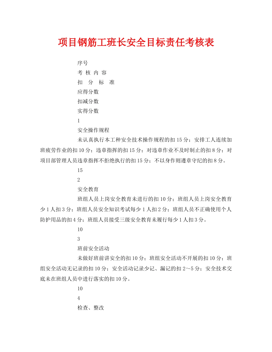 《安全管理资料》之项目钢筋工班长安全目标责任考核表 _第1页