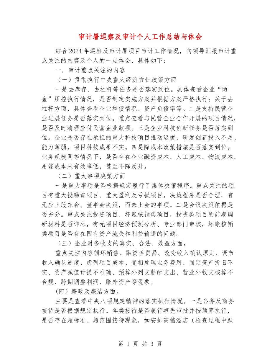 审计署巡察及审计个人工作总结与体会_第1页