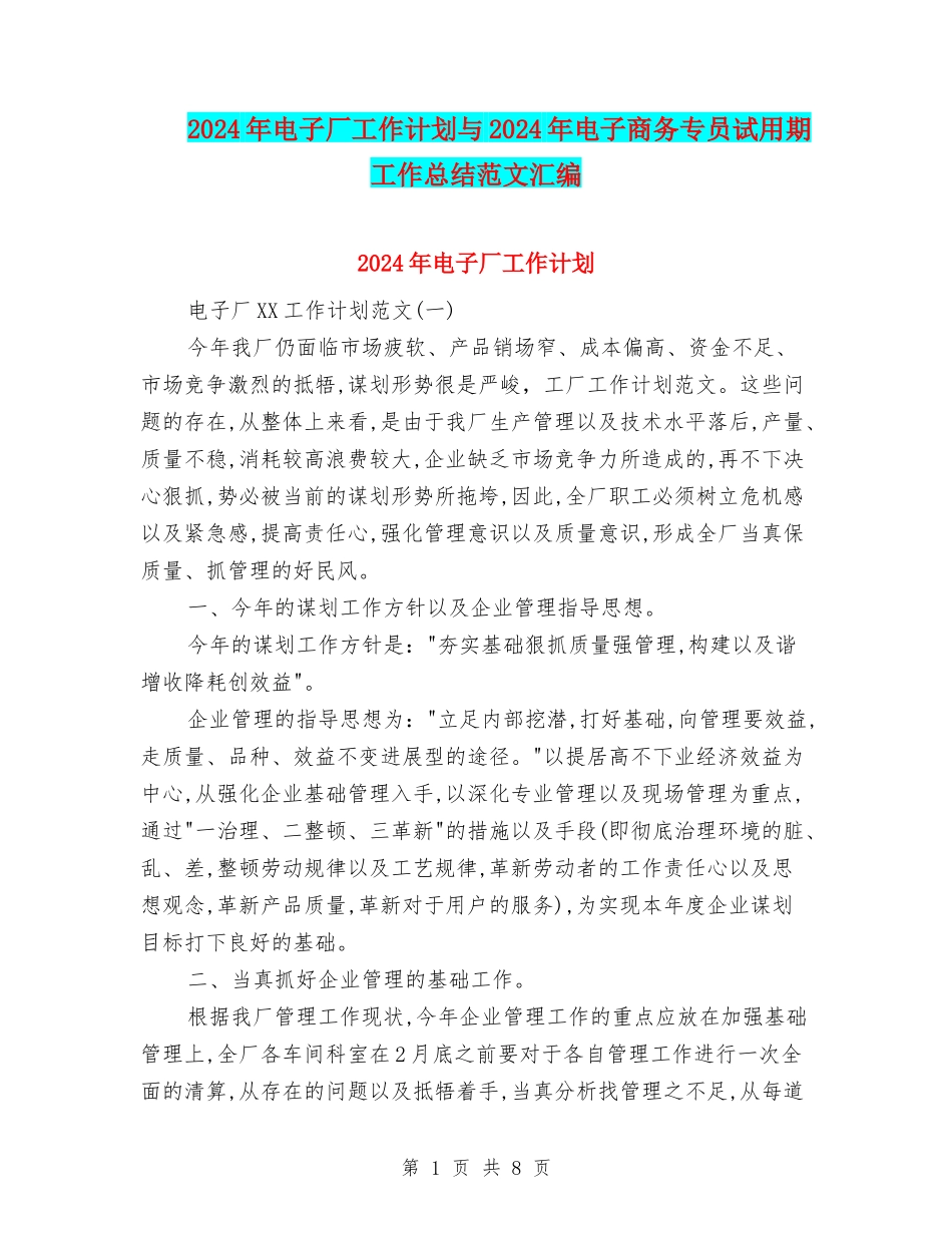 2024年电子厂工作计划与2024年电子商务专员试用期工作总结范文汇编_第1页
