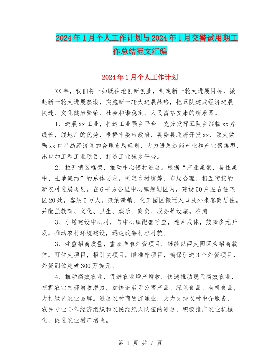 2024年1月个人工作计划与2024年1月交警试用期工作总结范文汇编_第1页