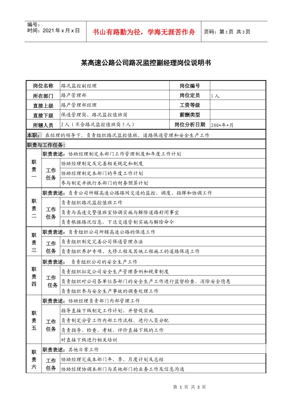 某高速公路公司路况监控副经理岗位说明书_第1页