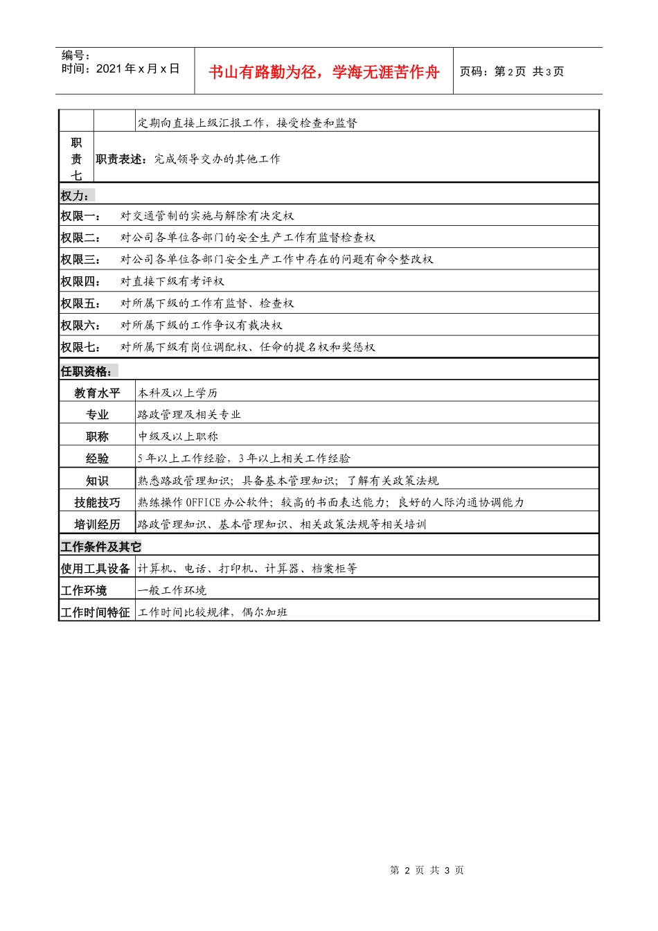 某高速公路公司路况监控副经理岗位说明书_第2页