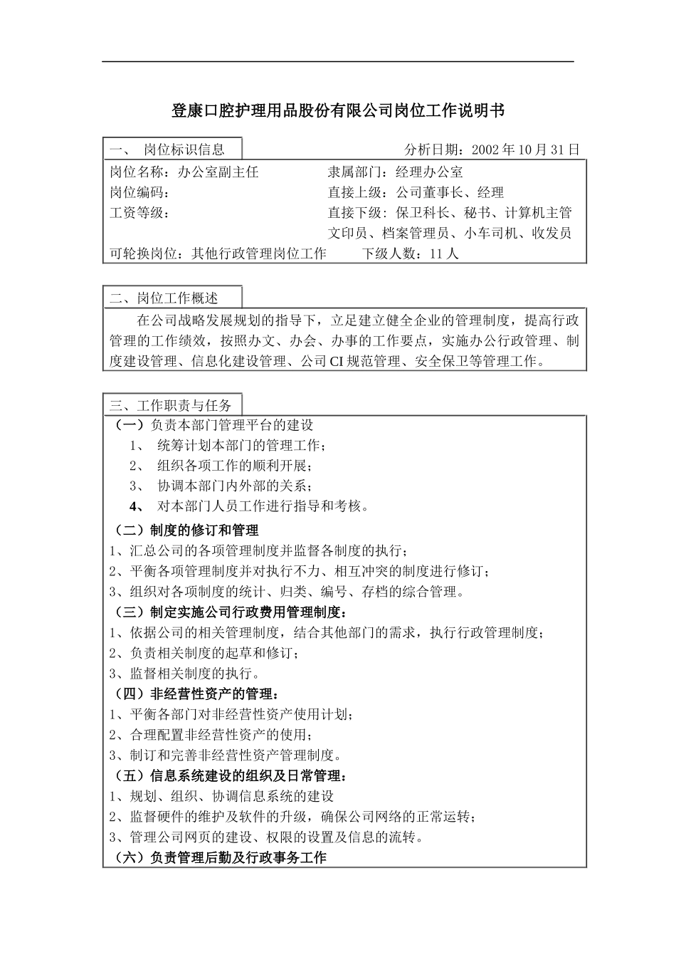 登康口腔护理用品股份有限公司办公室副主任（未来岗位）岗位工作说明书_第1页