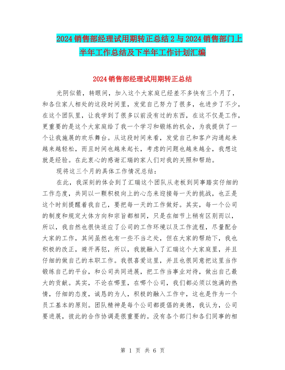2024销售部经理试用期转正总结2与2024销售部门上半年工作总结及下半年工作计划汇编_第1页