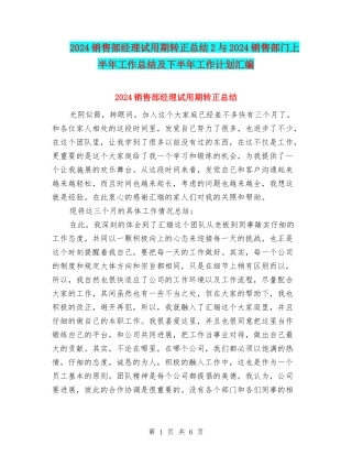 2024销售部经理试用期转正总结2与2024销售部门上半年工作总结及下半年工作计划汇编