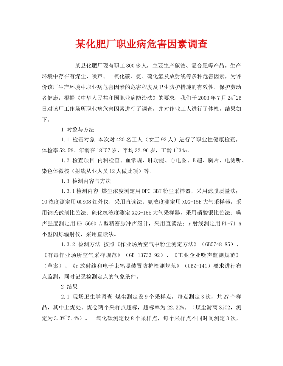 《安全管理职业卫生》之某化肥厂职业病危害因素调查 _第1页