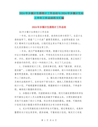 2024年乡镇计生委统计工作总结与2024年乡镇计生站上半年工作总结范文汇编