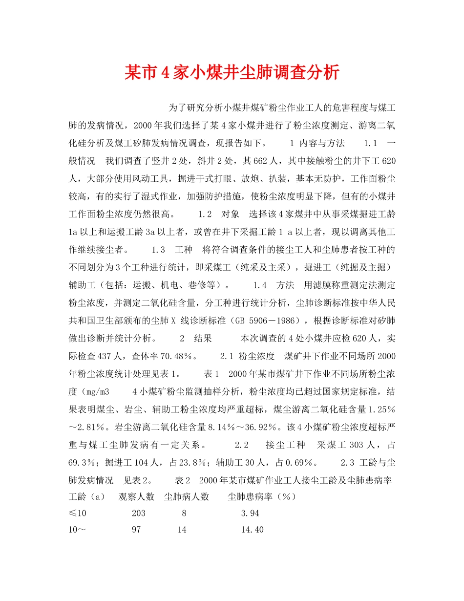 《安全管理职业卫生》之某市4家小煤井尘肺调查分析 _第1页