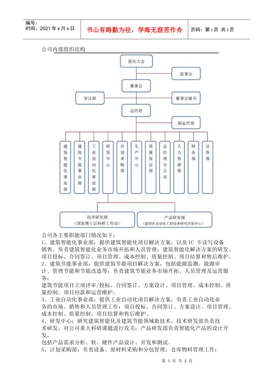深圳达实智能股份有限公司组织架构图及各部门职责_第1页