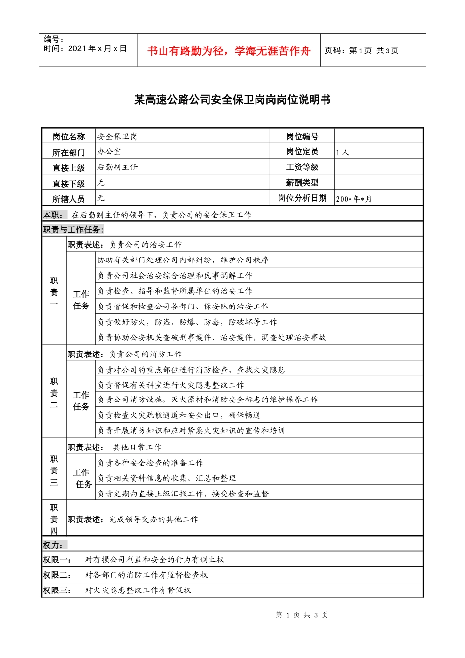 某高速公路公司安全保卫岗岗位说明书_第1页