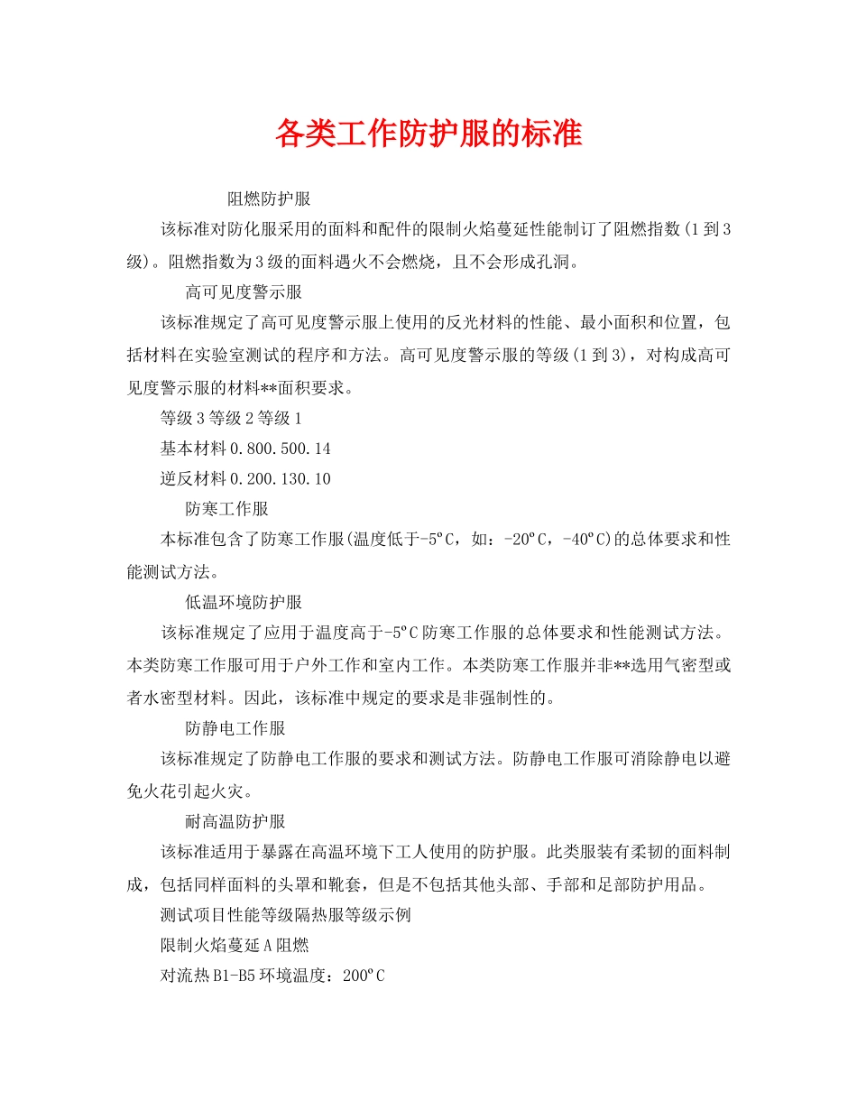 《安全管理职业卫生》之各类工作防护服的标准 _第1页