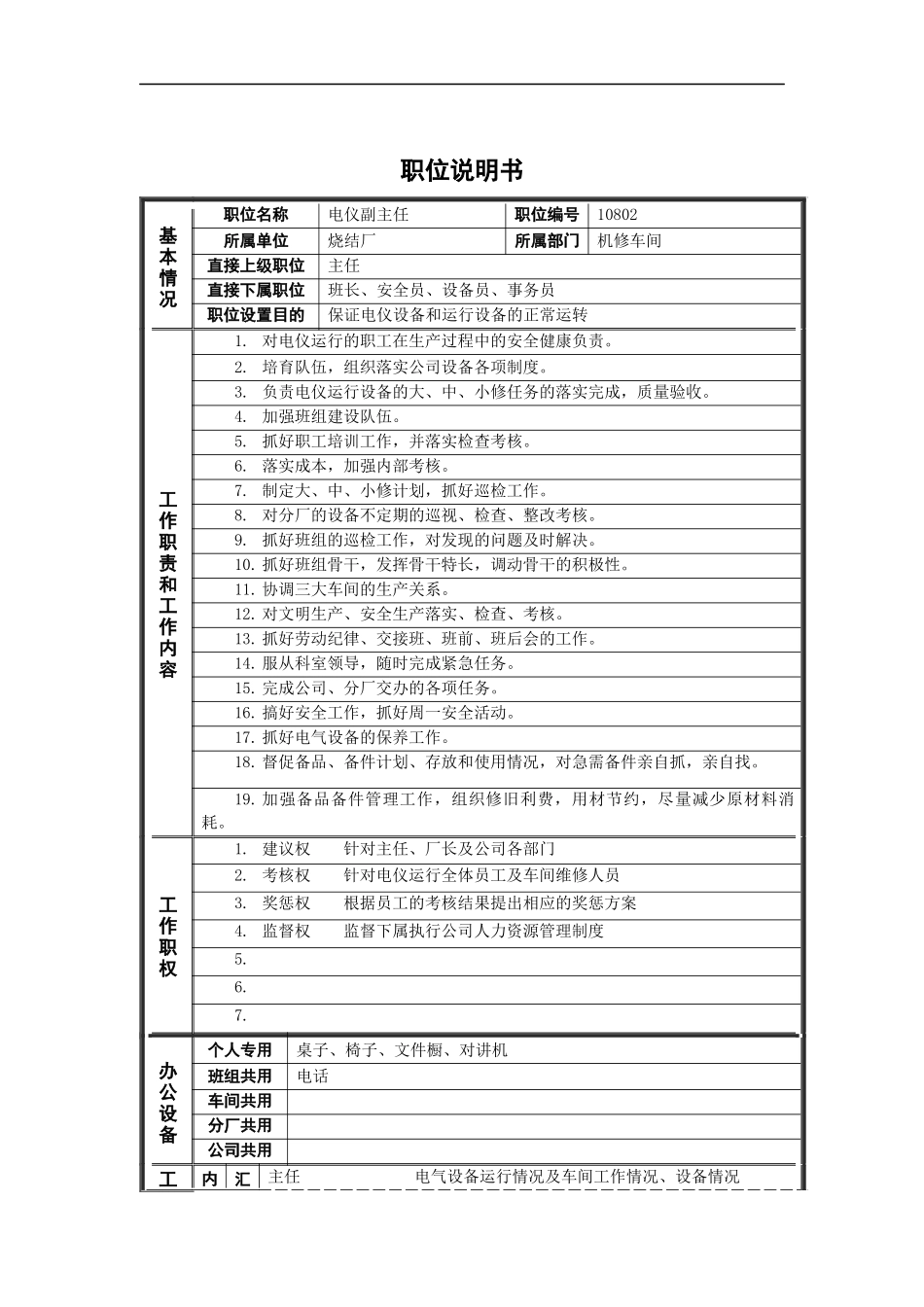 烧结厂机修电仪副主任岗位说明书_第1页