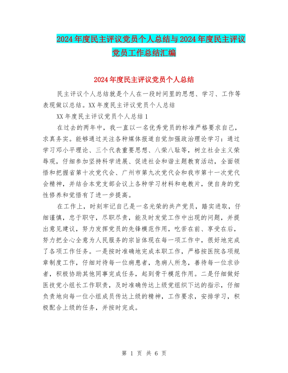 2024年度民主评议党员个人总结与2024年度民主评议党员工作总结汇编_第1页