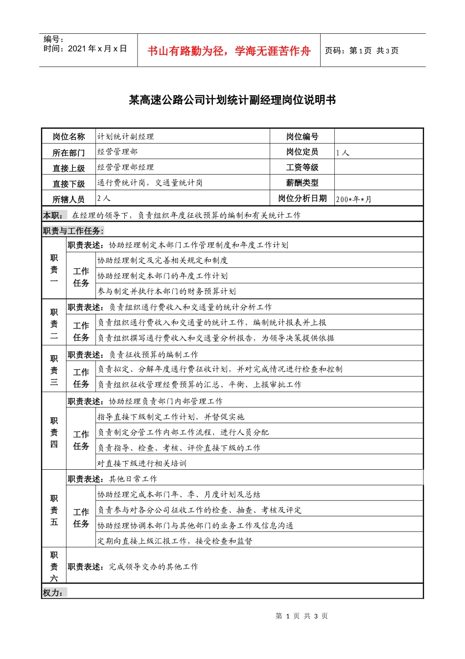 某高速公路公司计划统计副经理岗位说明书_第1页