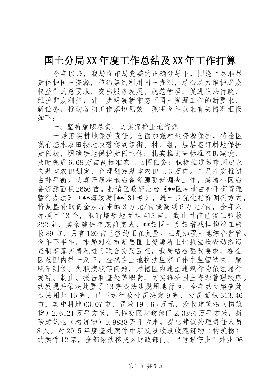 国土分局XX年度工作总结及XX年工作打算_第1页