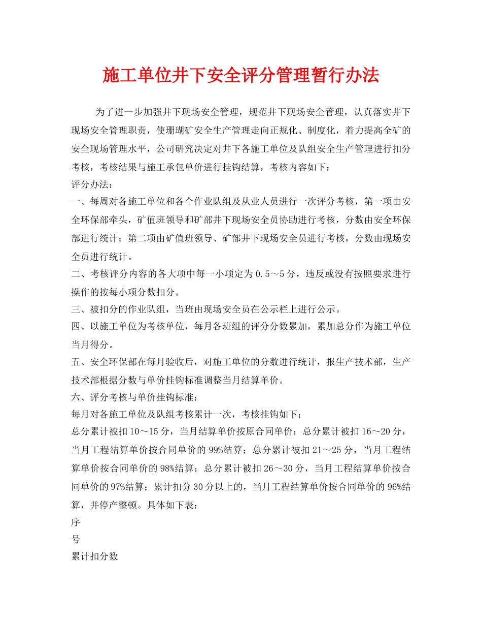 《安全管理制度》之施工单位井下安全评分管理暂行办法 _第1页