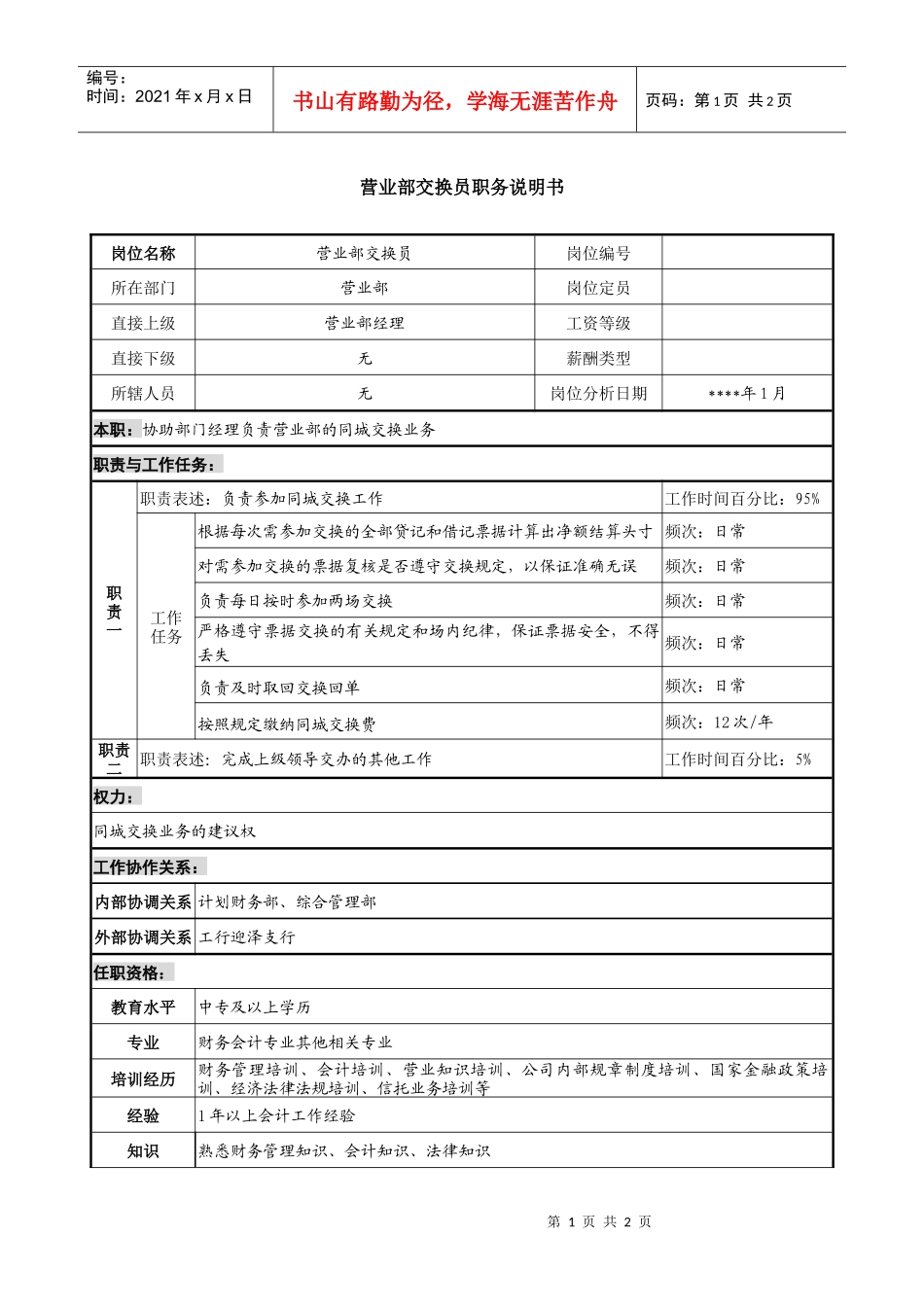 营业部交换员职务说明书_第1页