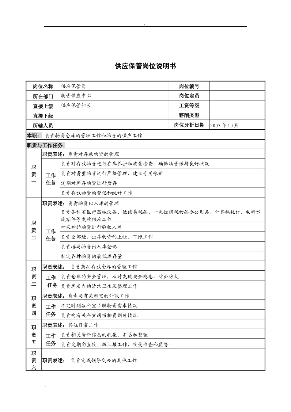 湖北新华医院物资供应中心供应保管岗位说明书_第1页