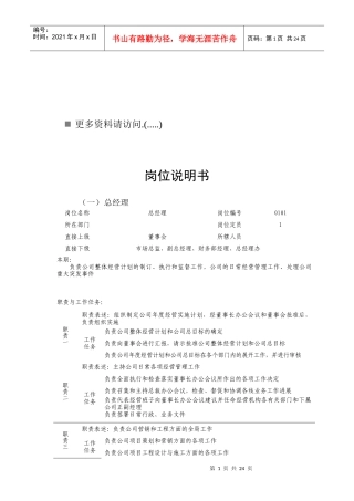 某某公司部门岗位说明书
