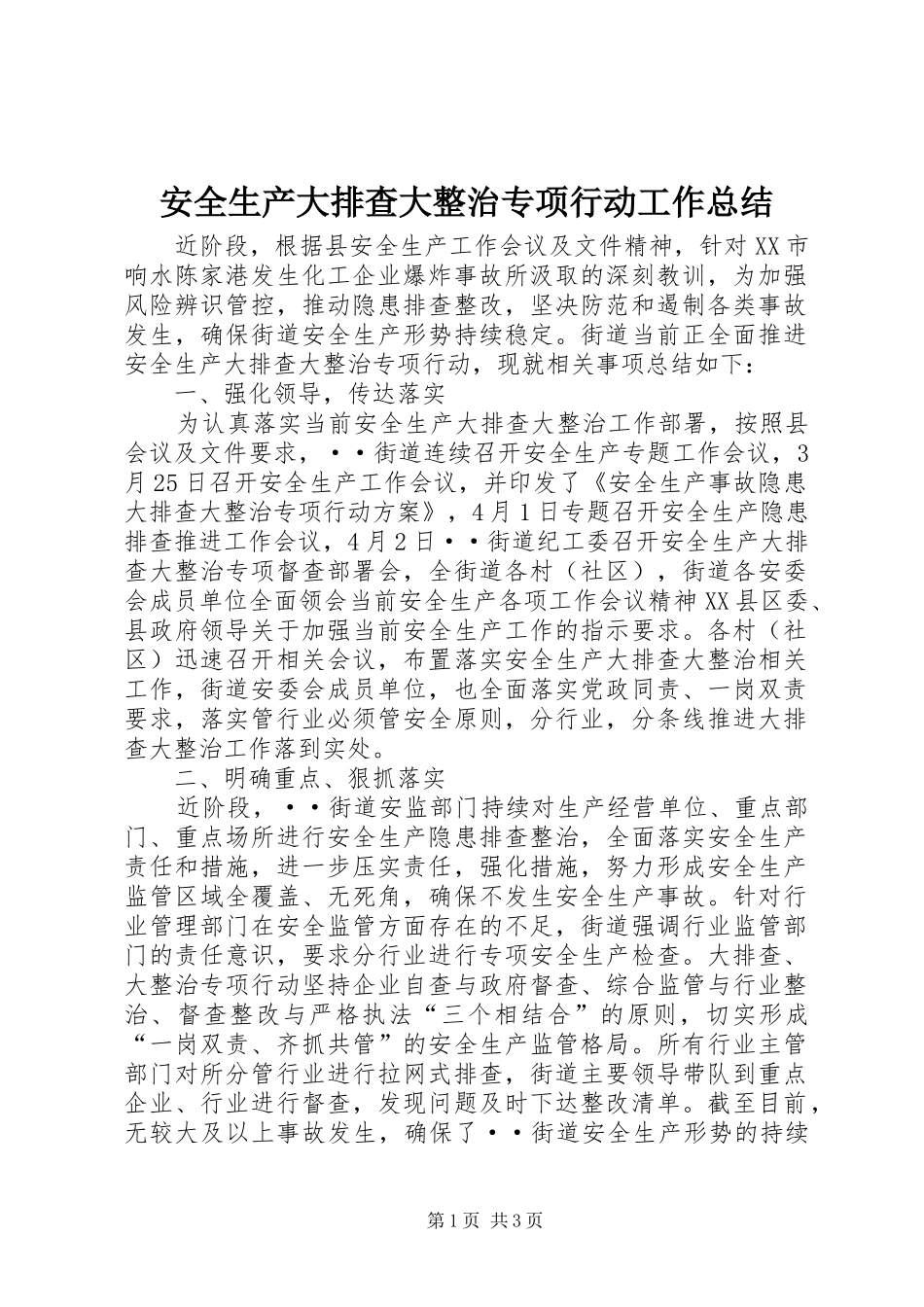 安全生产大排查大整治专项行动工作总结_第1页