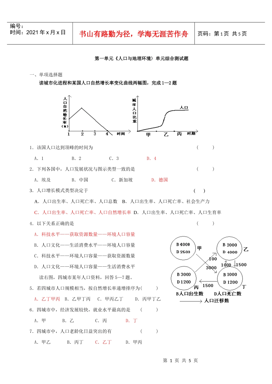 第一单元人口与地理环境测试卷_第1页