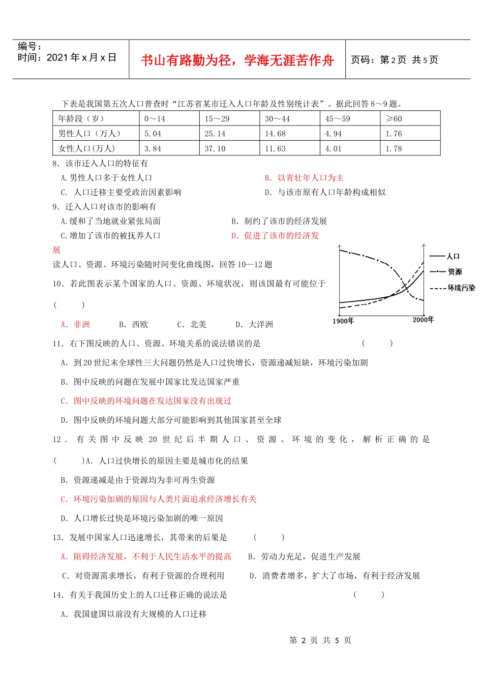 第一单元人口与地理环境测试卷_第2页
