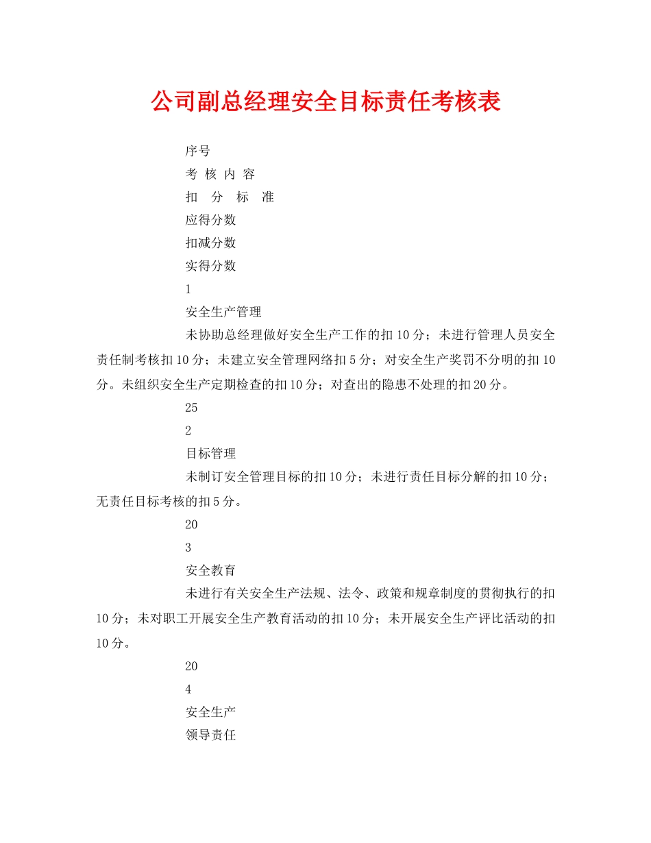 《安全管理资料》之公司副总经理安全目标责任考核表 _第1页