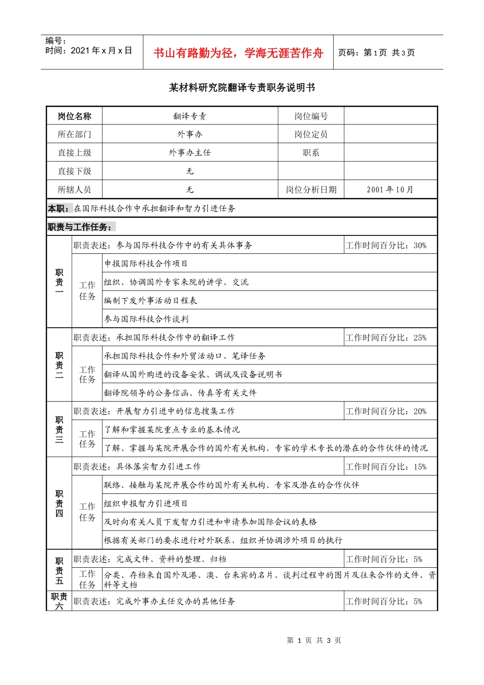 某材料研究院翻译专责职务说明书_第1页