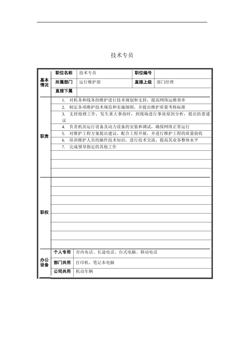 运行维护部技术专员岗位说明书_第1页