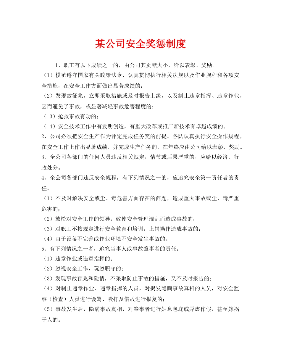 《安全管理制度》之某公司安全奖惩制度 _第1页