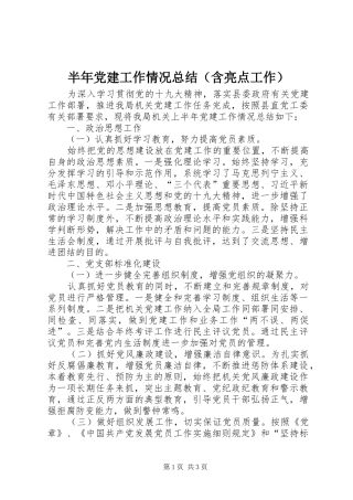 半年党建工作情况总结（含亮点工作）