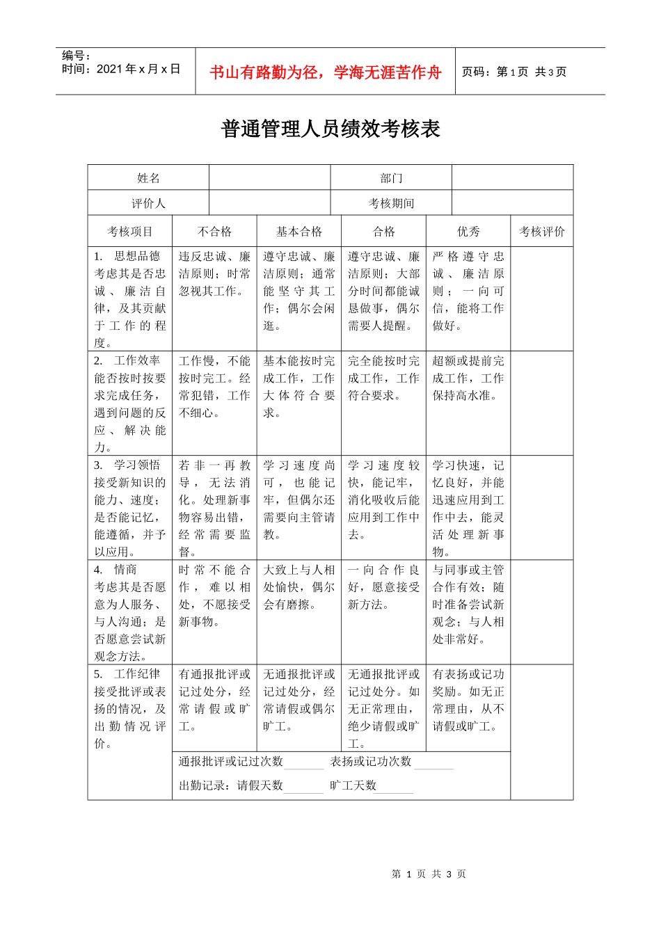 普通管理人员绩效考核表_第1页