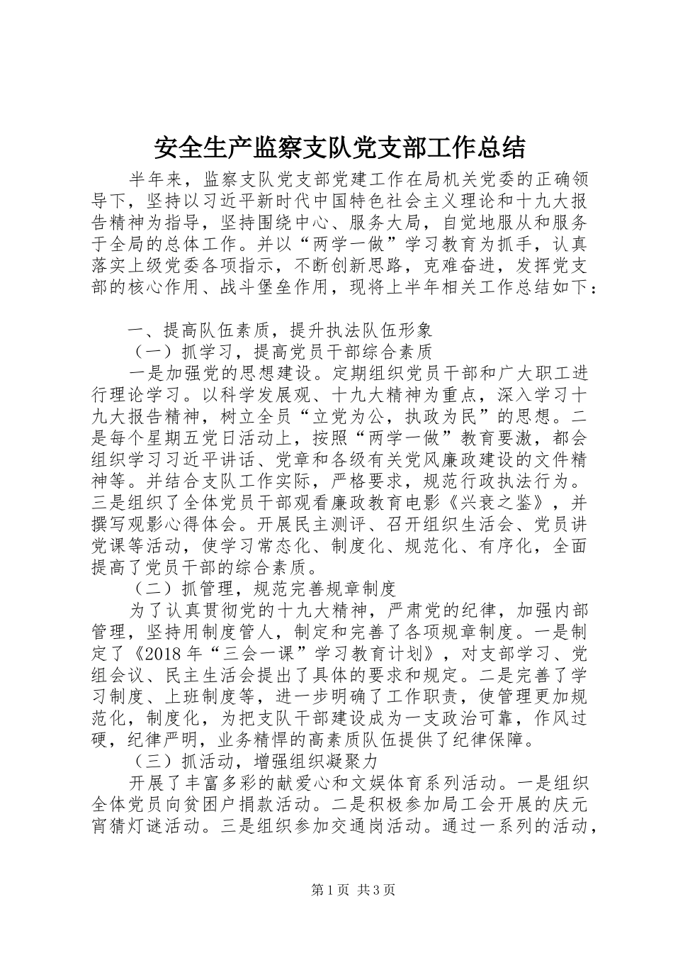 安全生产监察支队党支部工作总结_第1页