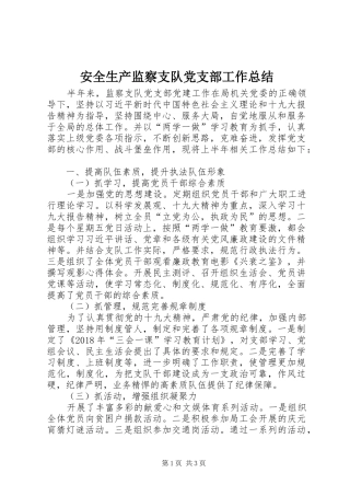 安全生产监察支队党支部工作总结