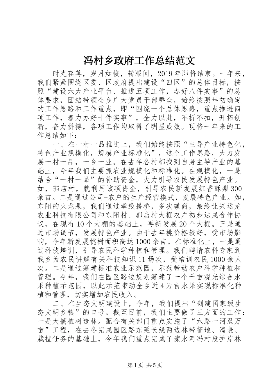 冯村乡政府工作总结范文_第1页