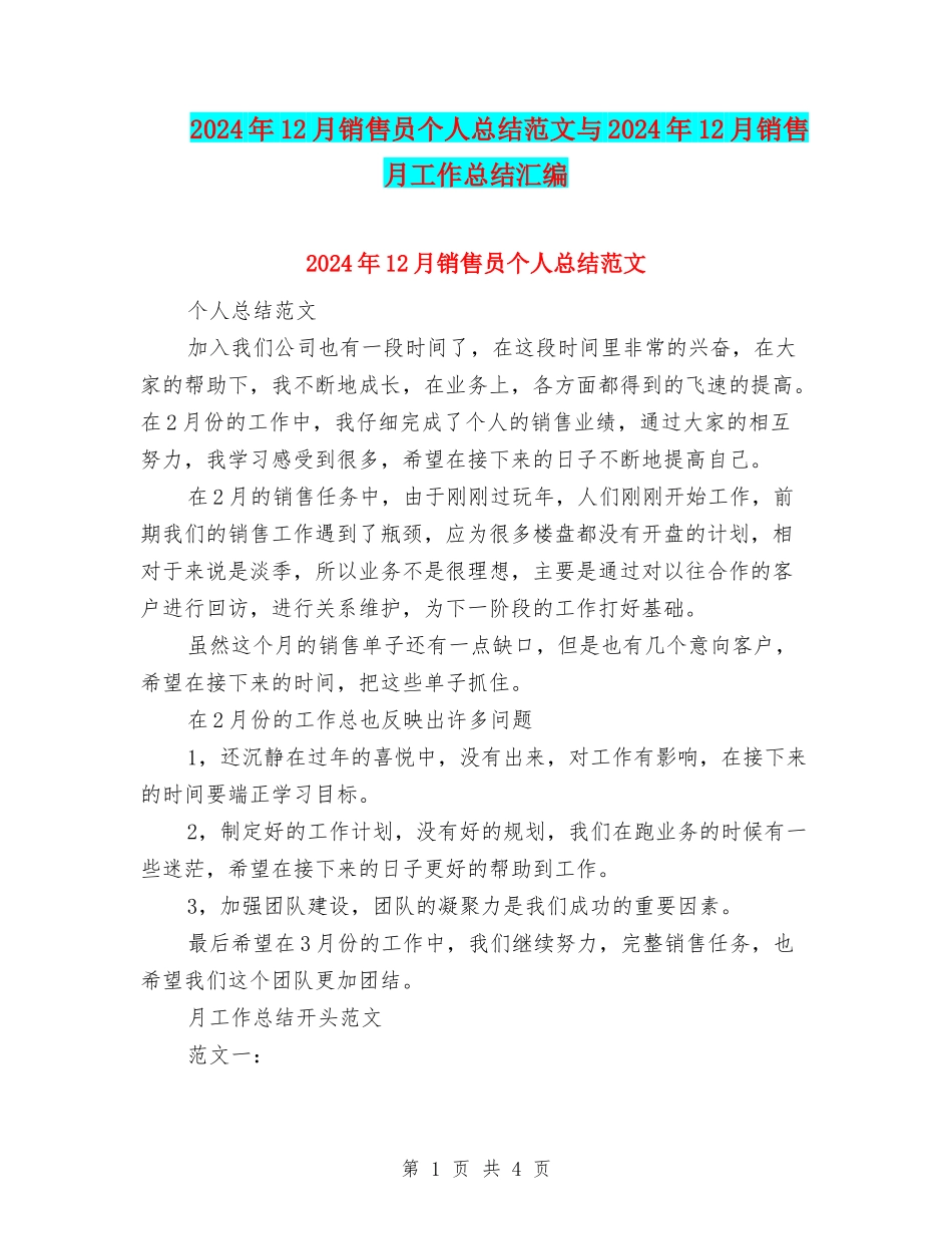 2024年12月销售员个人总结范文与2024年12月销售月工作总结汇编_第1页