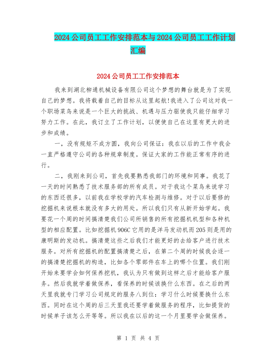 2024公司员工工作安排范本与2024公司员工工作计划汇编_第1页