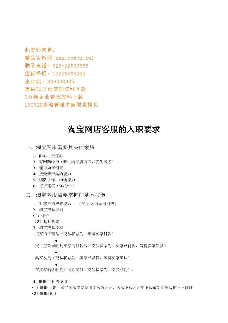 谈淘宝网店客服的入职要求_第1页