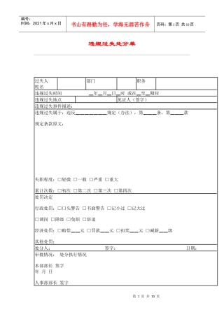 最新人力资源管理工作材料-hr039违规过失处分单