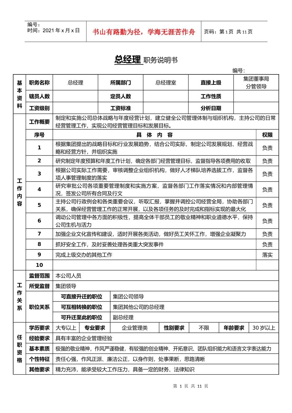 购物中心人事行政部岗位说明书_第1页