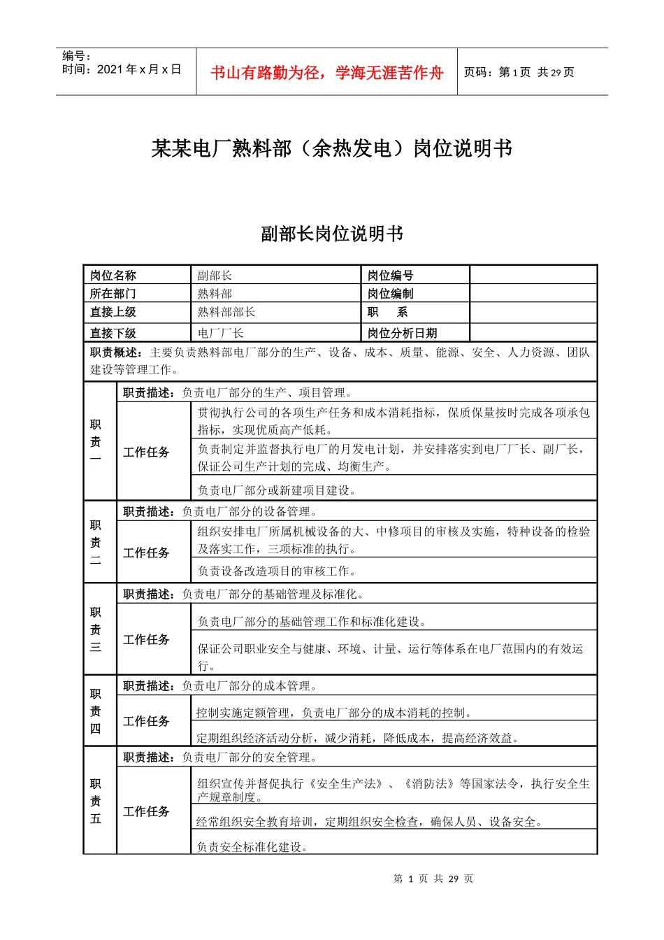 某某电厂熟料部（余热发电）岗位说明书_第1页