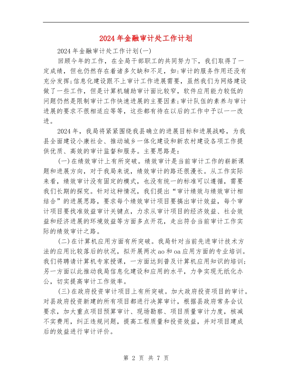 2024年金融审计处工作计划_第2页