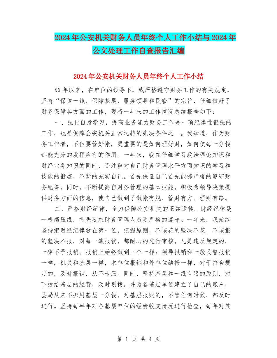 2024年公安机关财务人员年终个人工作小结与2024年公文处理工作自查报告汇编_第1页
