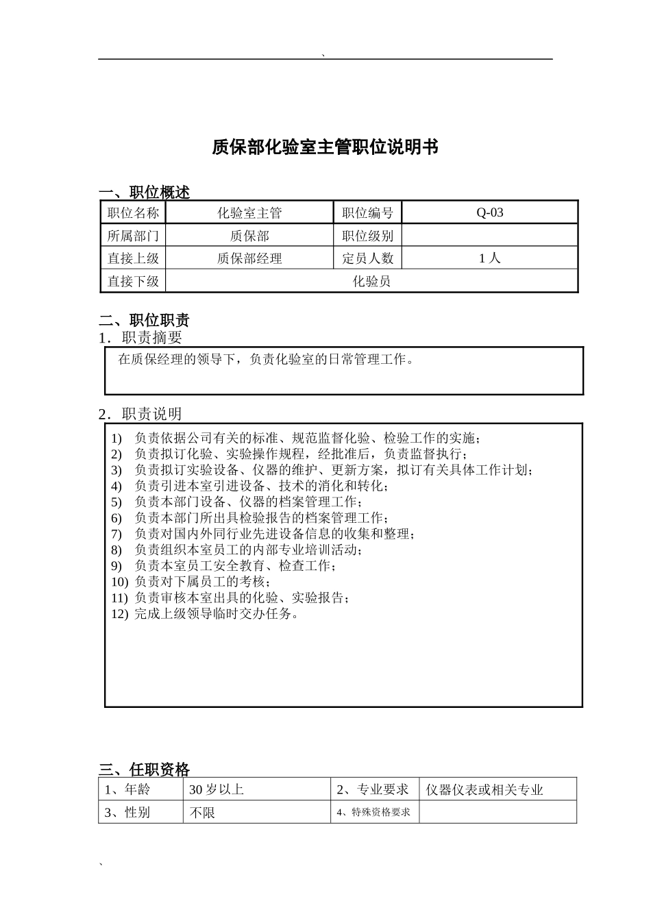 钢铁行业-质保部-化验室主管岗位说明书_第1页