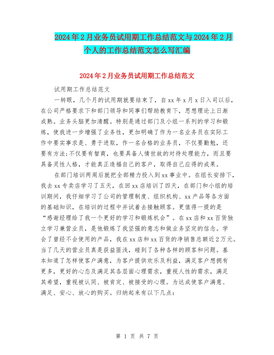 2024年2月业务员试用期工作总结范文与2024年2月个人的工作总结范文怎么写汇编_第1页
